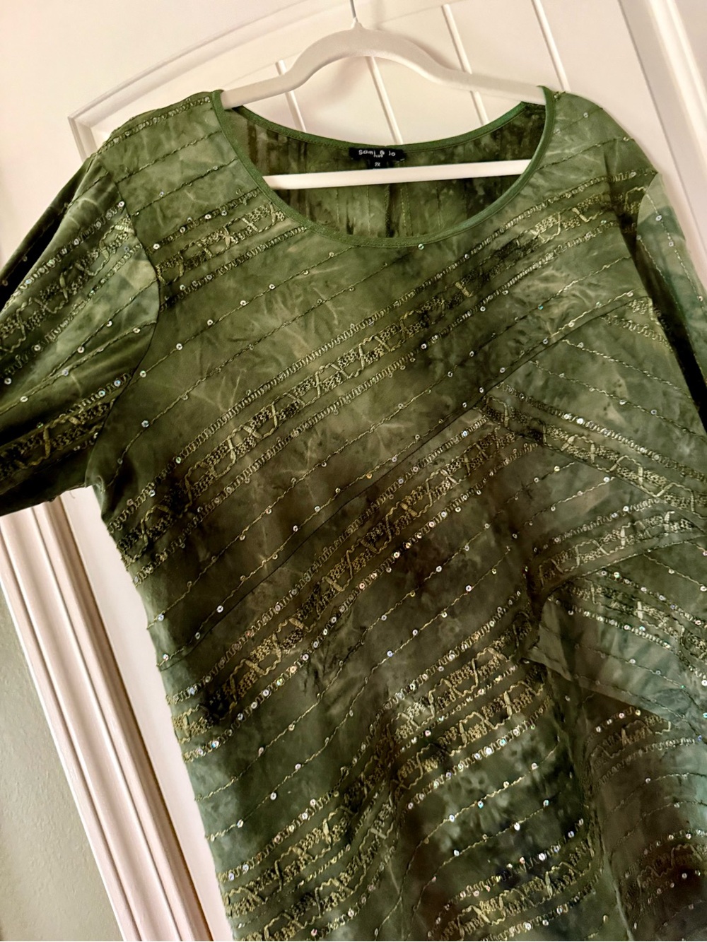 Sami & Jo Olive Green Tie Dye Sequin-Trim Tunic Top 2X